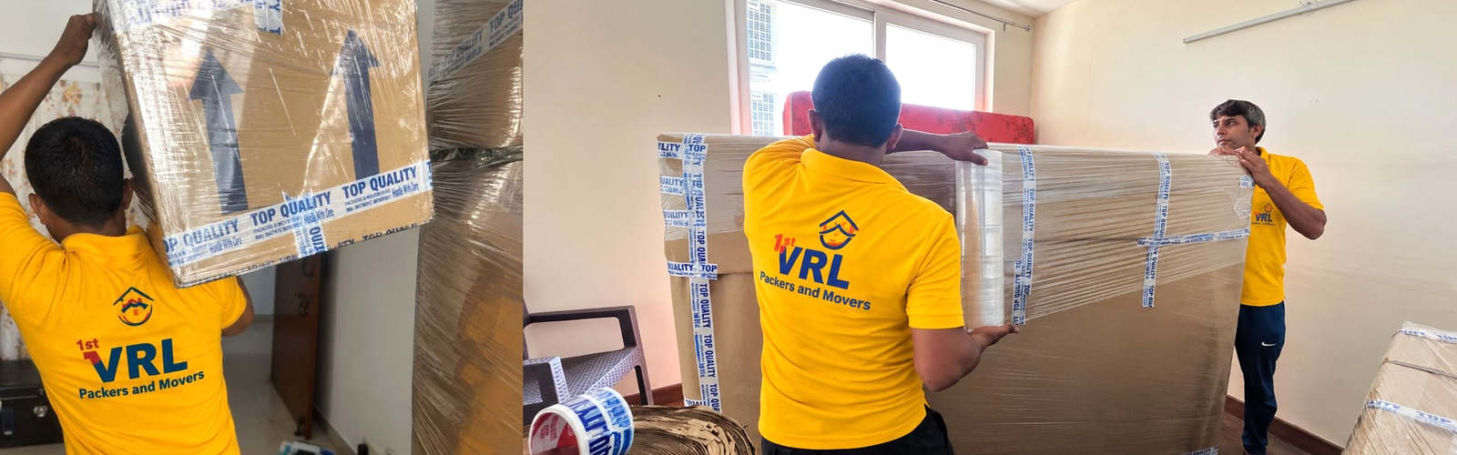 VRL Packers and Movers team professionally wrapping and moving furniture
